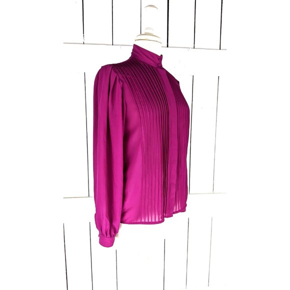 Vintage Chaus fuchsia  sheer billowy long sleeve button down blouse - Picture 3 of 5
